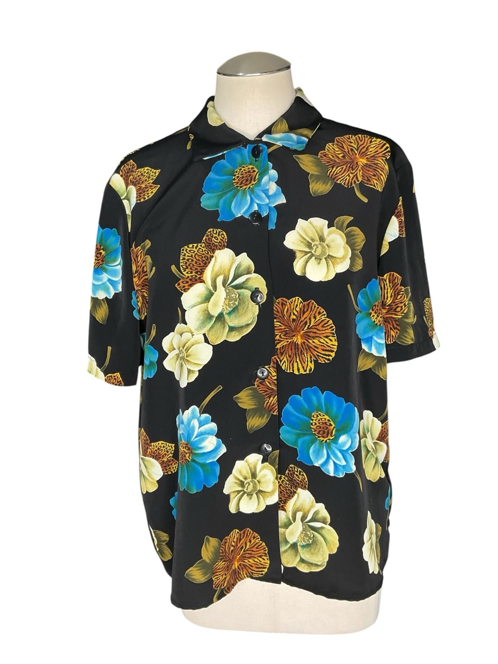 Vintage Michele Michelle Floral Blouse Size 10 Made USA Black Blue Button Up - Picture 2 of 5